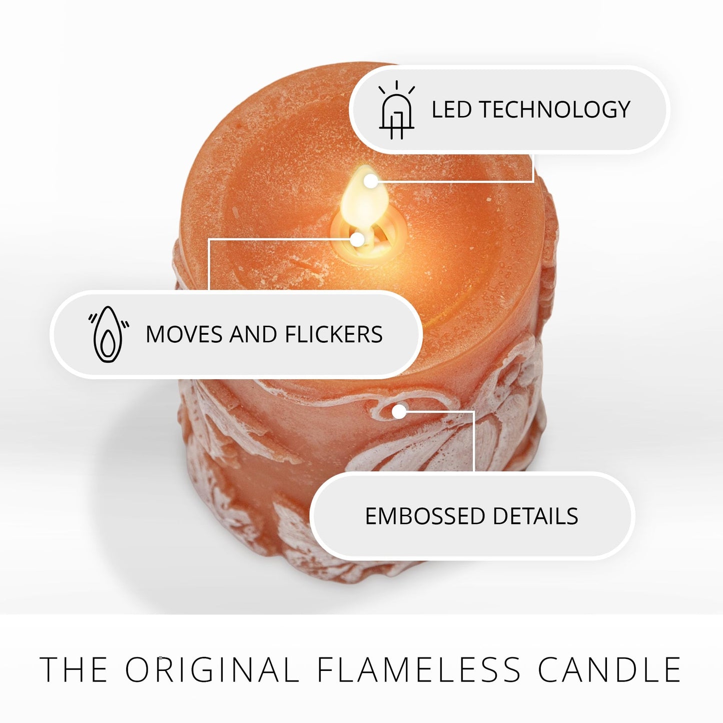 Luminara Embossed Leaves and Pumpkins Moving Flame Pillar Candle 3.25" x 4.5" with Recessed Edge Unscented Real Wax LED Battery Operated Candle Lights