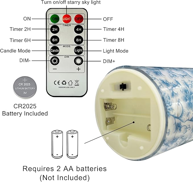 Flameless Candles with String Lights - Set of 3 Printed Remote Battery Operated Candle Flickering Floral LED Pillar Candles with Timer for Home Decor Romantic Ambiance,BL