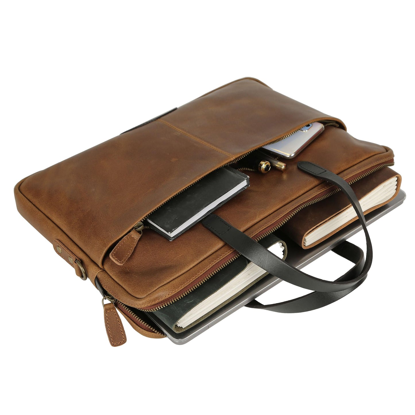 KomalC 15.5 Inch Leather Laptop Sleeve with Trolley Strap – Slim Genuine Leather Bag for upto 16" Laptops – Office Briefcase with Shoulder Strap & Organizer