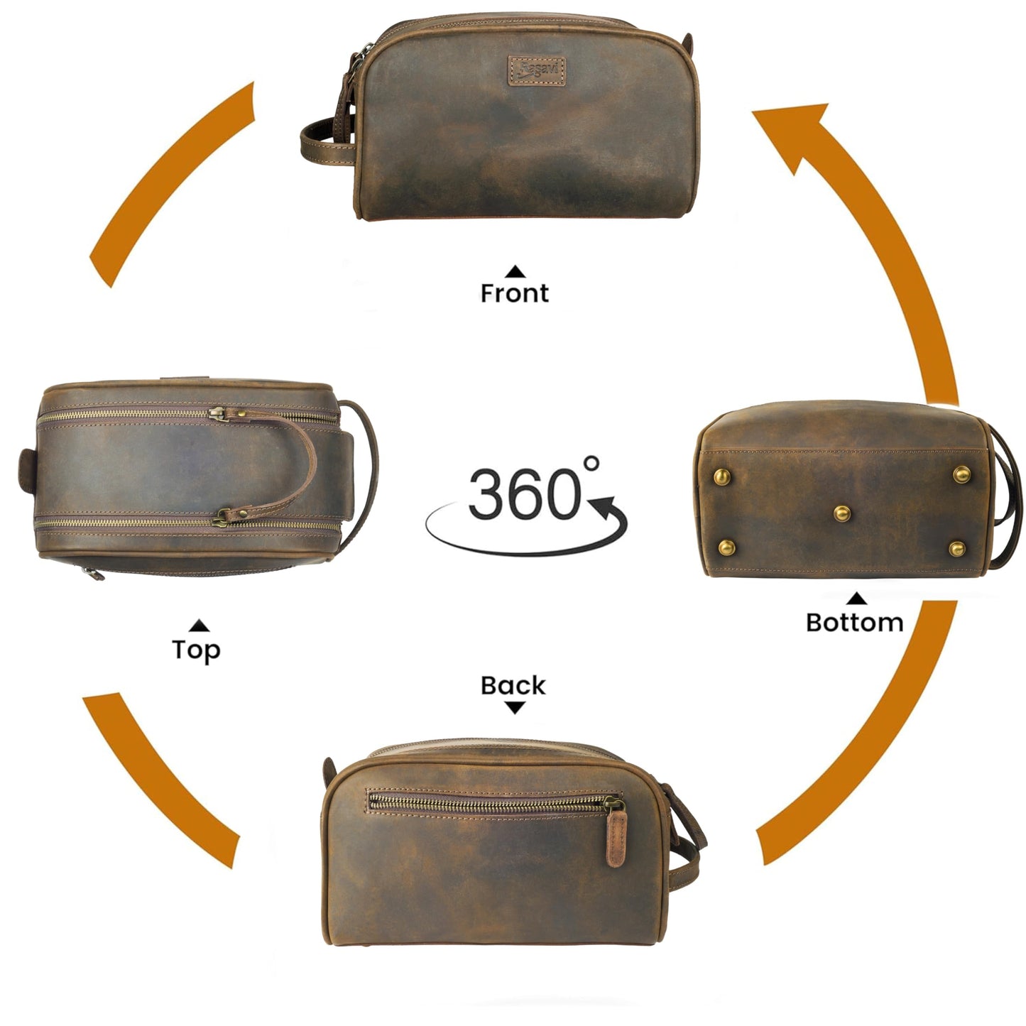 Rasavi Genuine Leather Travel Toiletry Bag, Handcrafted Vintage Water-Resistance Dopp Kit, Large Shaving & Bathroom Organizer - Gift for Men & Women - Rustic Town