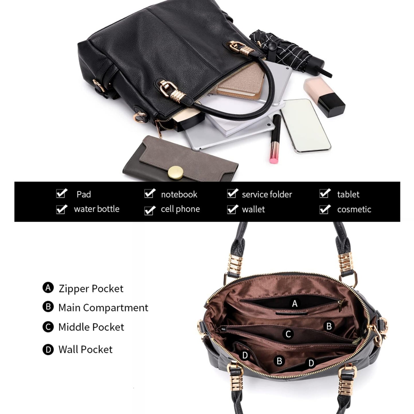 Kattee Women's Genuine Leather Purses and Handbags, Satchel Tote Shoulder Bag (Black)