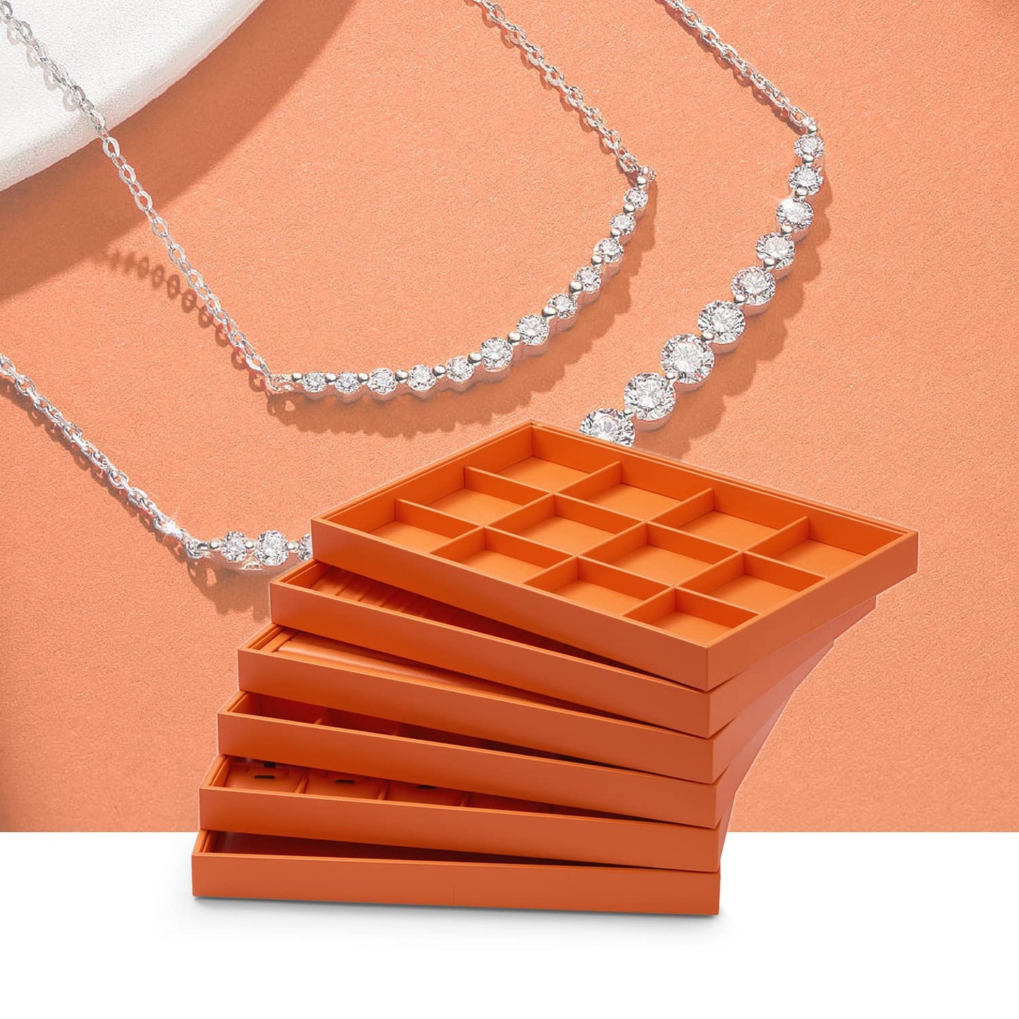 Oirlv Luxury Orange Leather Jewelry Tray Stackable Flat Jewelry Drawer Organizer Earrings Rings Bracelets Storage