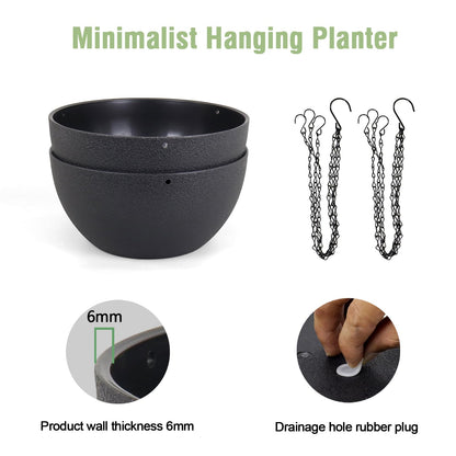 Meowell 8 inch Small Hanging Planters Plant Pots for Indoor Outdoor Plants, 2 Pack Hanging Flower Pots with Drainage Holes and Chain for Garden Porch, Plastic Hanging Baskets for House Plants, Black