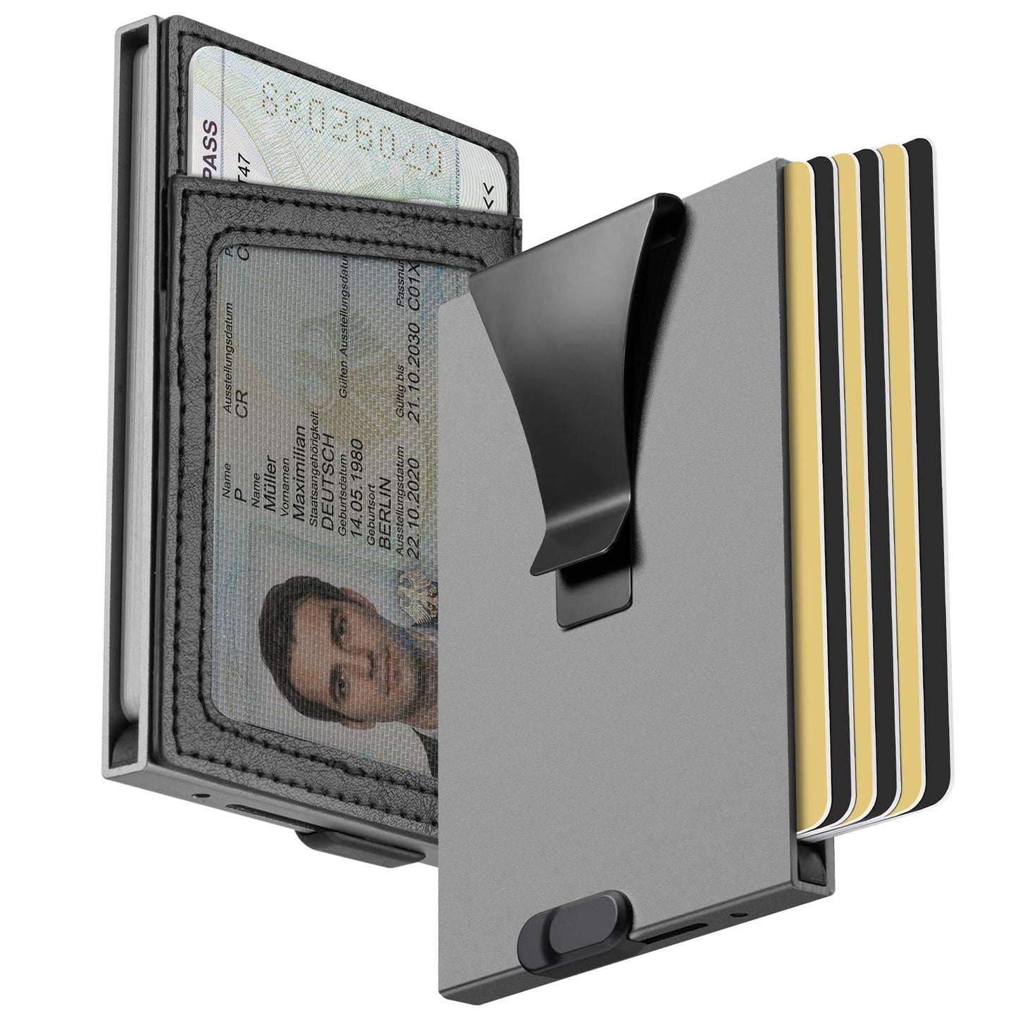Slimwalt Slim Front Pocket Card Holder for Daily Commute & Travel, Minimalist RFID Blocking Mens Wallet for 4-6 Cards and 1 ID - Pop Up Wallet for Men with ID Window & Money Clip, Grey