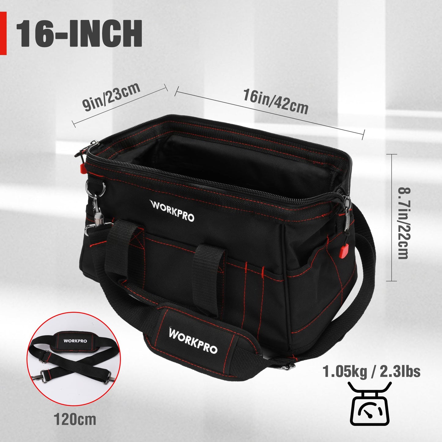 WORKPRO 16-inch Close Top Wide Mouth Tool Storage Bag with Water Proof Rubber Base, W081022A, 16"
