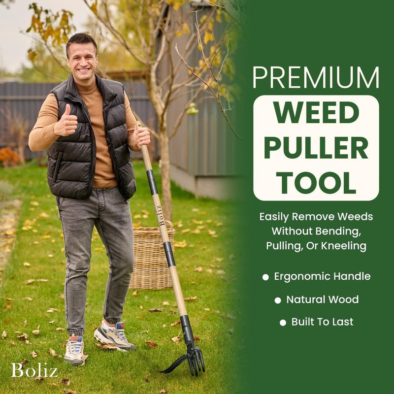 Boliz 46” Detachable Weed Puller Tool Stand up Heavy Duty with 4-Claw Steel Head, Real Bamboo Garden Weed Pulling Tool, Weed Remover Tool Without Bending