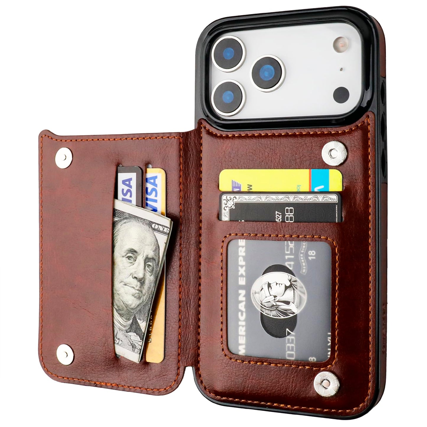 ONETOP Compatible with iPhone 17 Pro Max Wallet Case with Card Holder, PU Leather Kickstand Card Slots Case, Double Magnetic Clasp and Durable Shockproof Cover 6.9 Inch (Brown)
