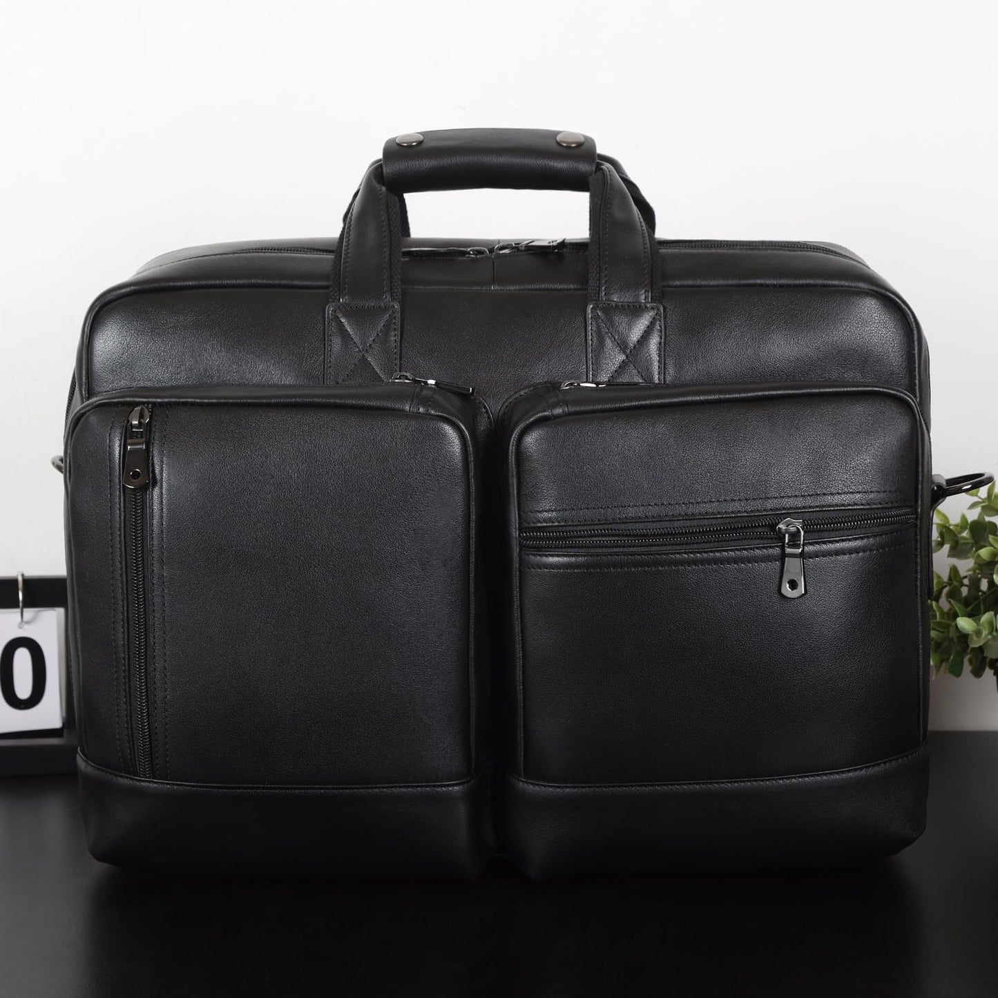 Masa Kawa Black Leather Briefcase Messenger Bag Men Expandable 17 Inch Laptop Business Travel Duffel Crossbody Shoulder Weekender Overnight Bags,Large