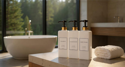 HARRA HOME Modern Gold Design 27 oz Shampoo and Conditioner Dispensers - Plastic Refillable Pump Bottle Set for Bathroom Shower Soap Dispenser, Set of 3 (Black)