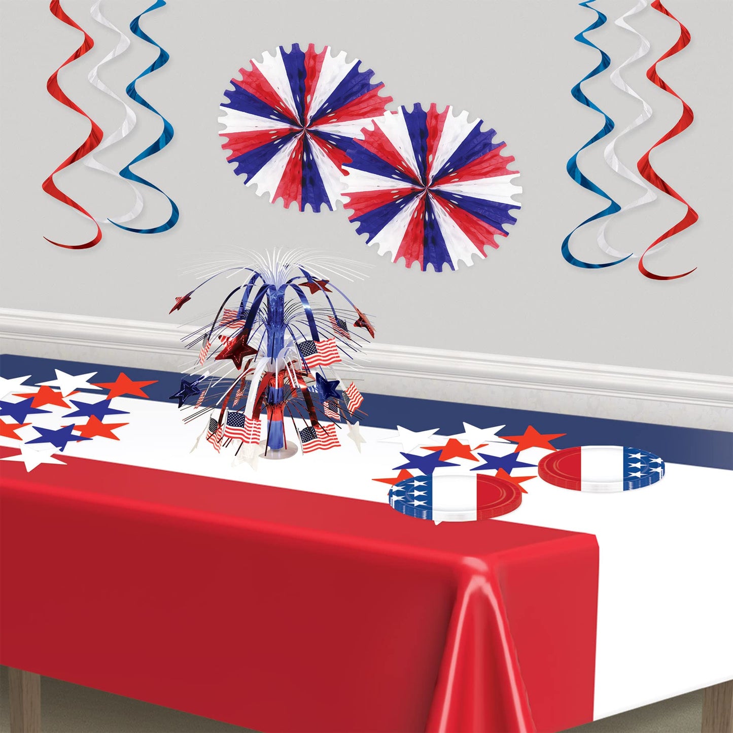 Beistle Patriotic Flag Cascade Centerpiece, Red White and Blue Metallic Decoration with American Flags for 4th of July, Memorial and Veterans Day, and Patriotic Party Tables, 18”