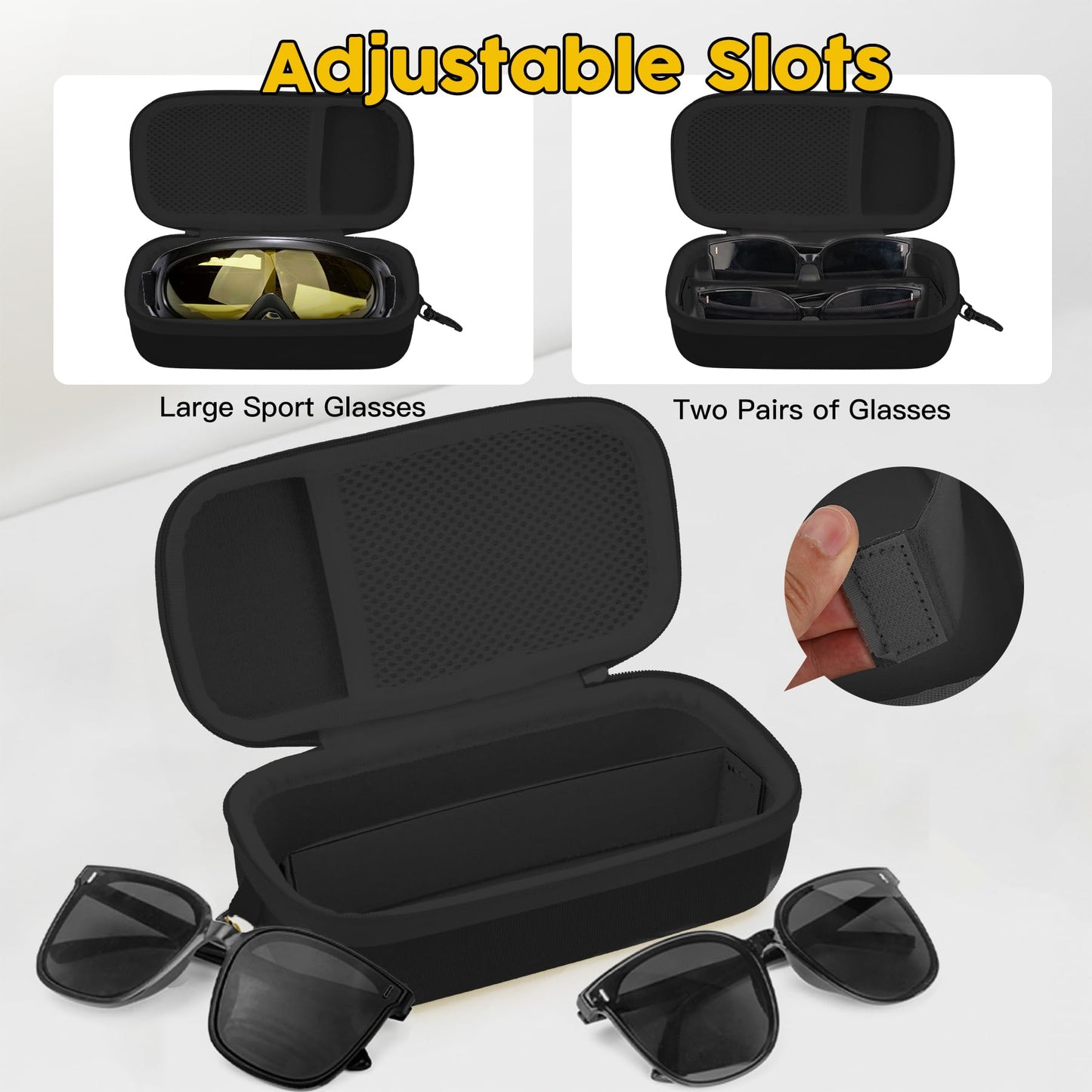 bipkonu Double Eyeglasses Case,Hard Shell Glasses Case Travel Sunglasses Organizer with Adjustable Slot & Clip for Men Women, Black