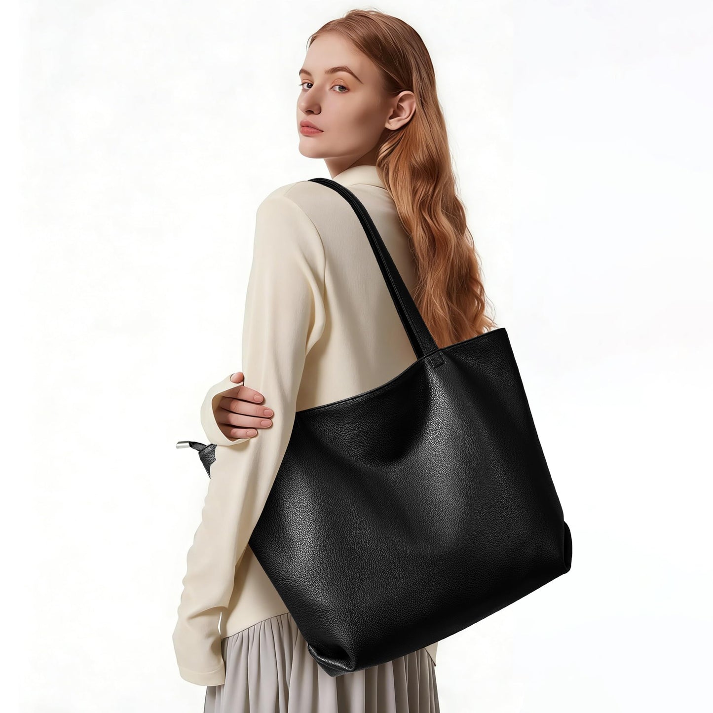 WLLWOO Soft Vegan Leather Tote Bag for Women Large Casual Hobo Handbags Zipper Shoulder Work Daily Weekender Travel Purse, Black