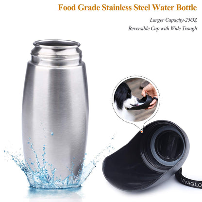VIVAGLORY Dog Water Bottle & Bottle Holder with Strap Combo for Travel & Walking, Carrier with Adjustable Shoulder Strap, Portable & Stainless Steel for Pet Puppy, 25oz, Black