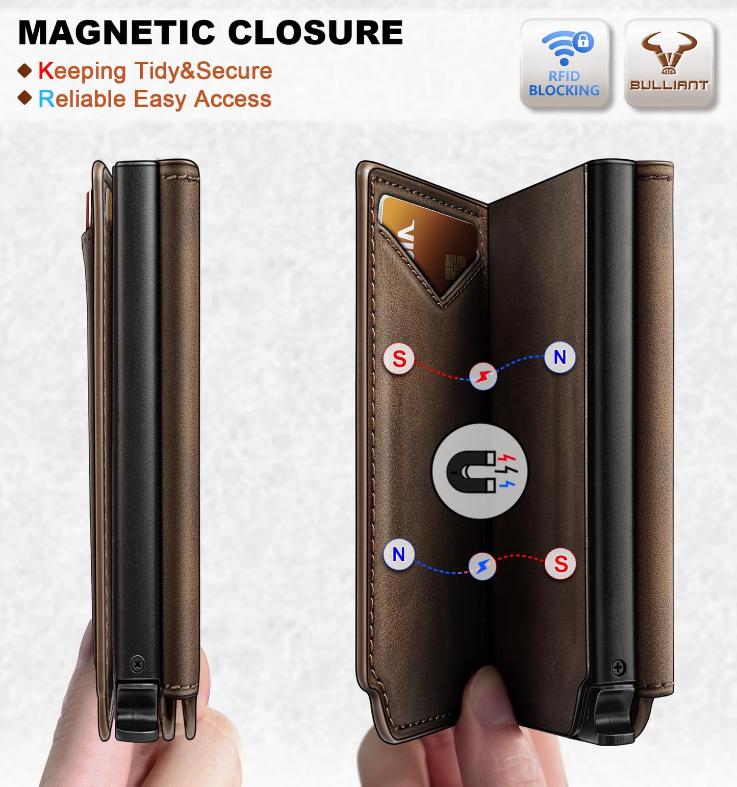 BULLIANT Men Wallet Leather Wallet Card Holders Money Clip for Men 10Cards-Magnetic Flip on Metal Case