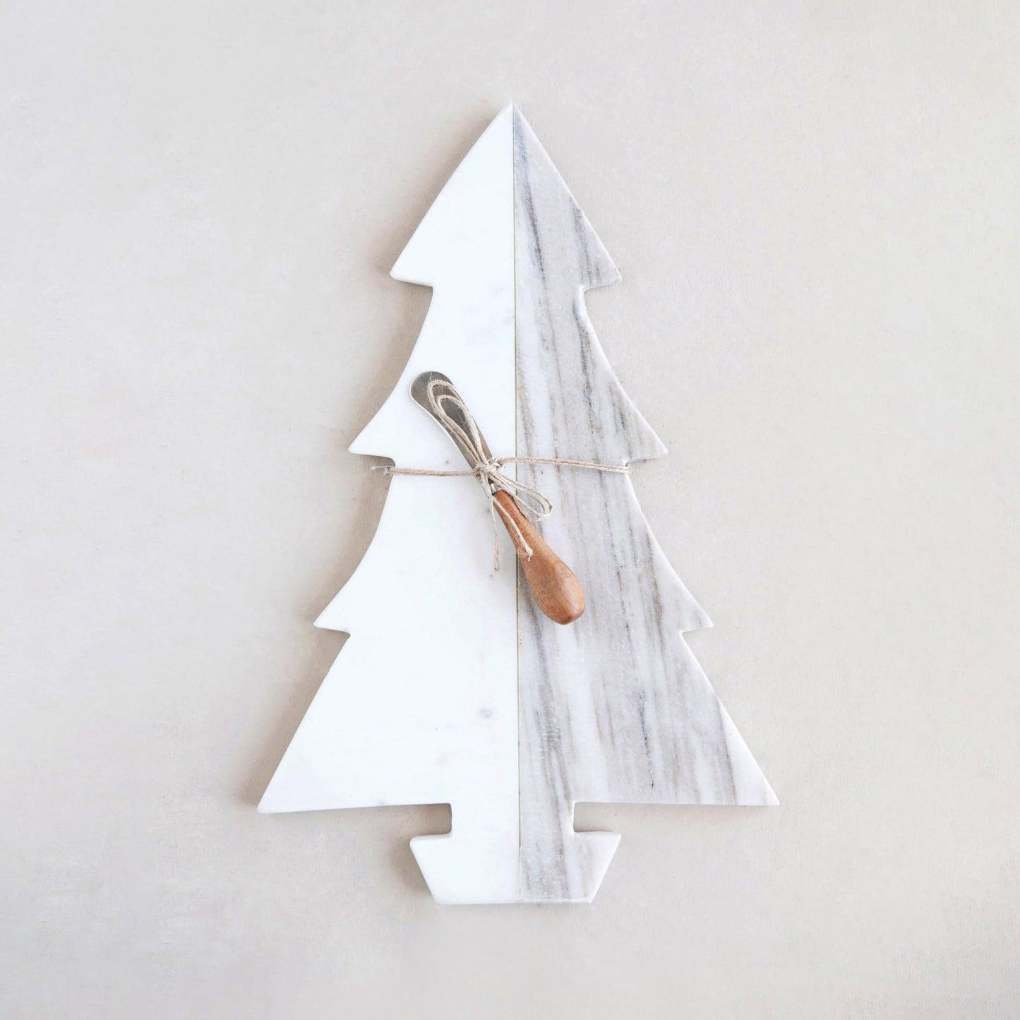 Creative Co-Op Marble Tree Cheese/Cutting Board with Wood Canape Knife, White and Buff Color, Set of 2