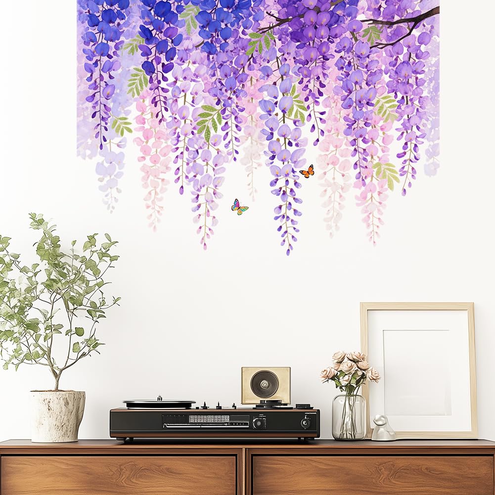 beinkmake 4pcs Purple Plants Leaves Wall Decal Hanging Vine Peel and Stick Wall Decal Butterfly Wall Sticker for Bedroom Living Room Hotel Decor 11.8x35.4inch