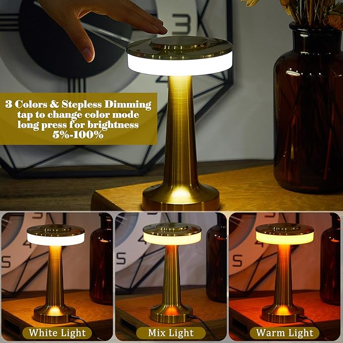 VIHOSE 8 Pcs 8 Pcs Cordless Table Lamps LED Portable Rechargeable Table Lamp with Touch Sensor 3 Color Dimming up to 15 Hours Battery Desk Light for Restaurant Nursery Living Room (Gold)
