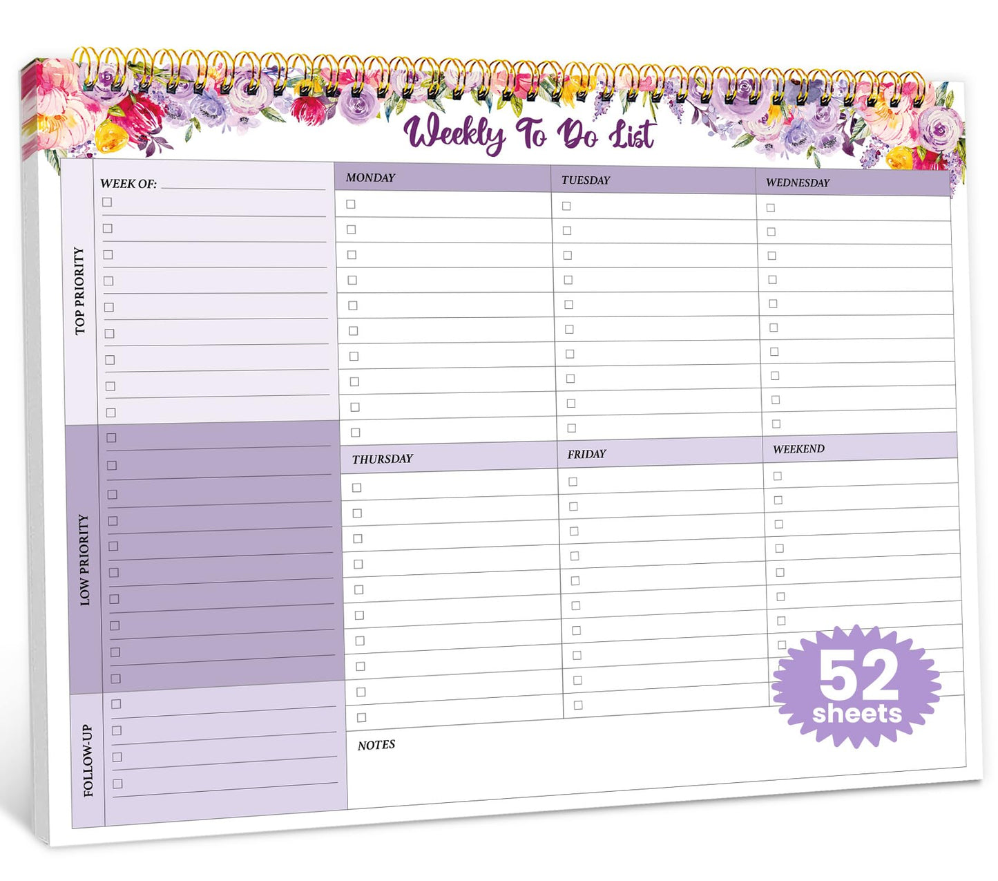 Weekly To Do List Notepad with 52 Undated Sheets（8.5"×11"）- Undated Weekly Planner Notepad for Office Desk Accessories and Supplies - Lavender Charm