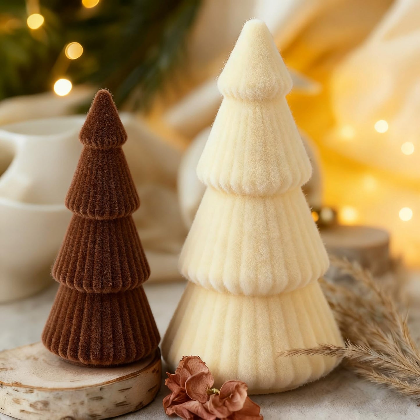 Thyle 6 Piece Brown Christmas Ornaments Velvet Christmas Tree, Cone-Shaped Indoor Xmas Decoration Centerpieces for Table Shelves, Living Room Home, Cabinet Mantel Decorations