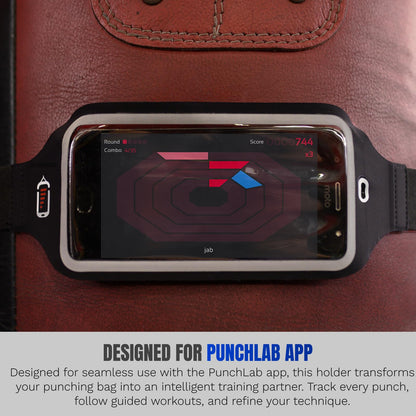 PunchLab Boxing Phone Holder for Punching Bag – Heavy Bag Strap Mount with Punch Tracker, Fits All Hanging & Freestanding Bags, Works with PunchLab App (Free App Included)