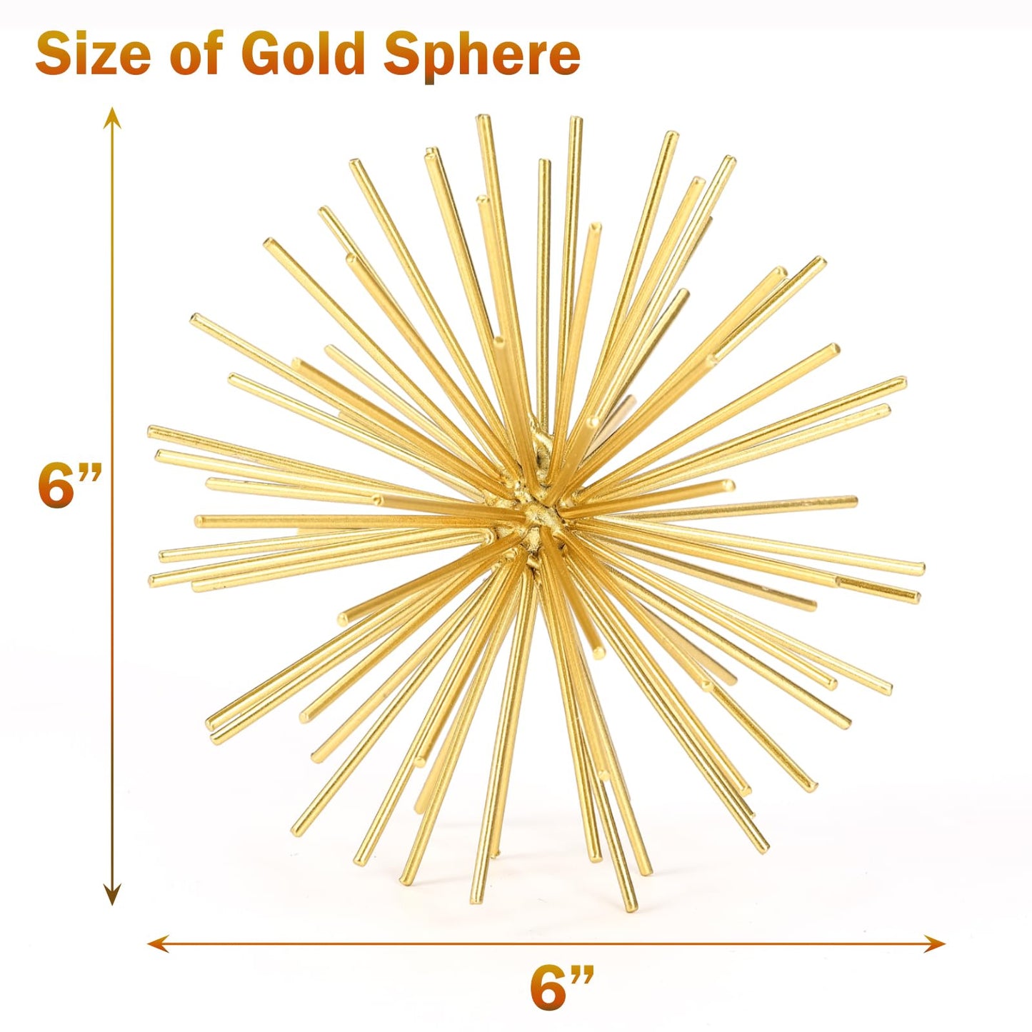 Metal Decorative Starburst Ball, 6 Inch Gold Sphere Decor, Spiky Star Burst Tabletop Sculpture, Mid-Century Modern Metal Spike Ball for Home, Living Room, Office & Shelf Decor