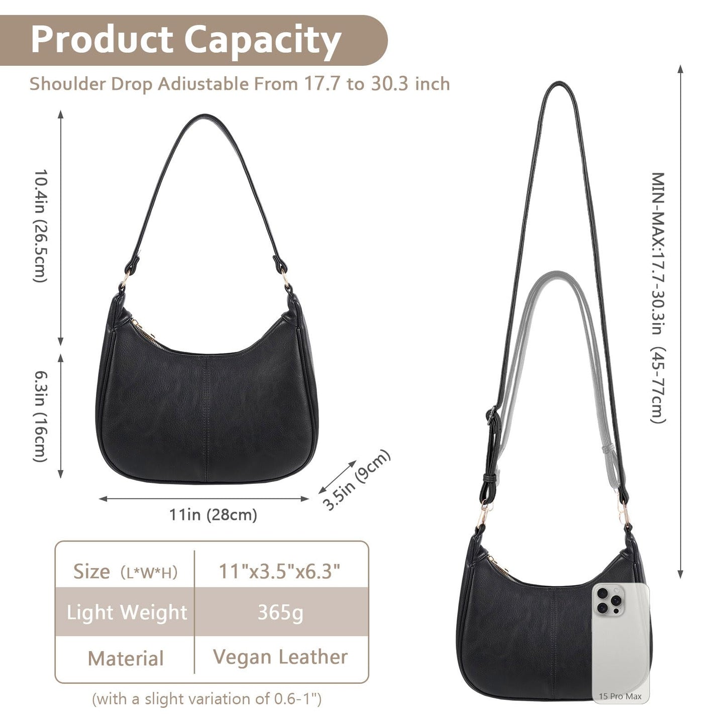 Hobo Bags for Women - Soft Leather Womens Crossbody Purse Shoulder Bags with Adjustable Strap (Black)