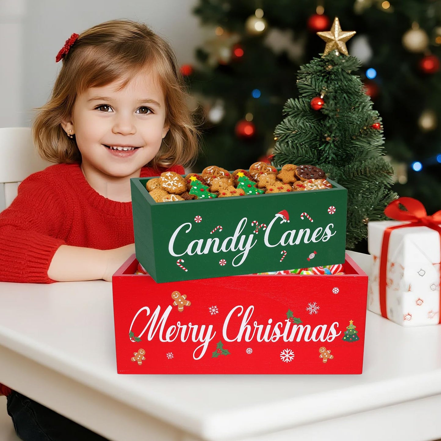 OAXNTGW 2 Pcs Merry Christmas Bowl Dish Xmas Party Supplies Candy Canes Wooden Candy Dish Serving Holder for Table Red Green Serving Dish for Corn Holiday Hot Cocoa Bar