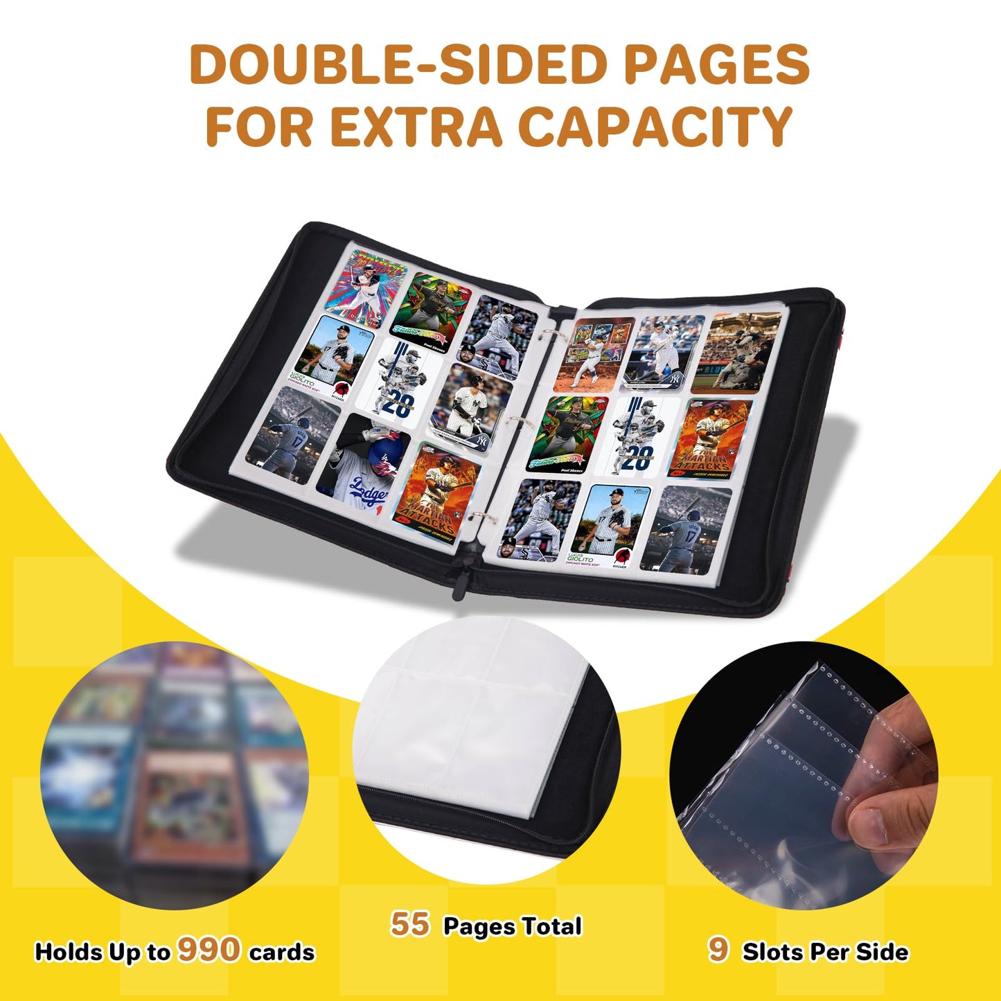 Card Binder 9 Pocket - Football Trading Card Binder Fits 990 Cards With 55 Removable Sleeves, Double Sided Pocket Zipper Card Binder for MTC, TCG, Game Cards, Sports Cards