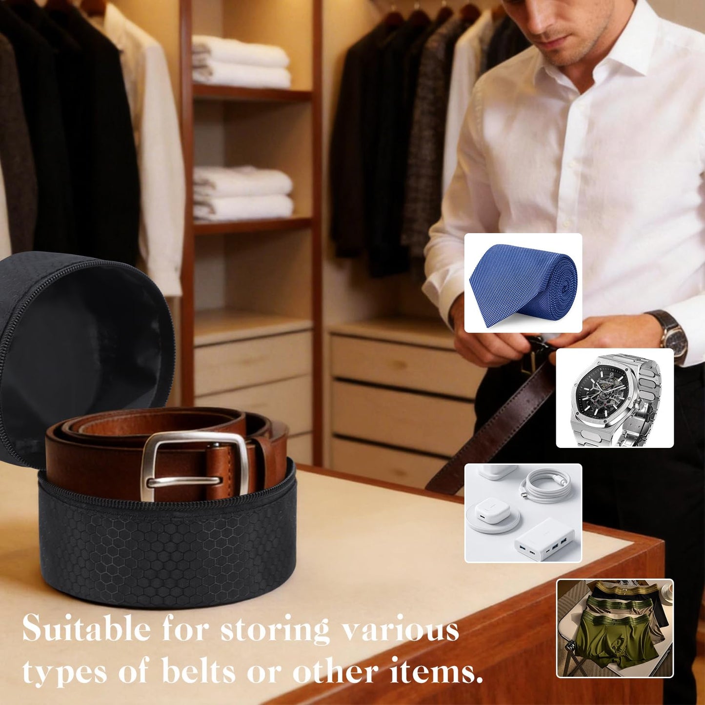 TUSIASC Belt Organizer Case,Travel Belt Storage Holder for Closet Drawer,Display Case for Belts,Ties,Portable Container Storage Holder,Height 3.9inch(Bag Only)