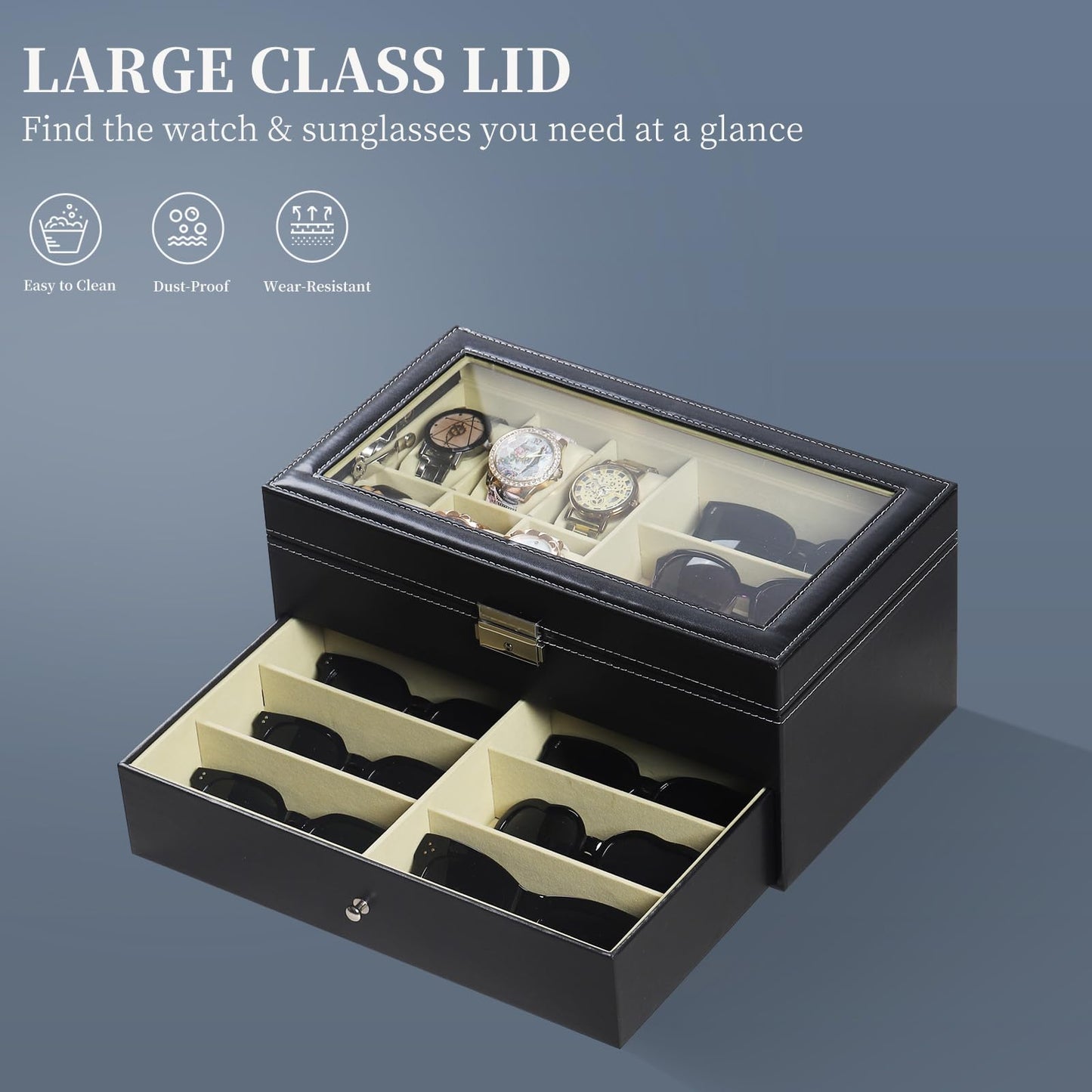 AUTOARK Leather 6 Watch Box Jewelry Case and 9 Piece Eyeglasses Storage and Sunglass Glasses Display Drawer Lockable Case Organizer,Black,AW-048