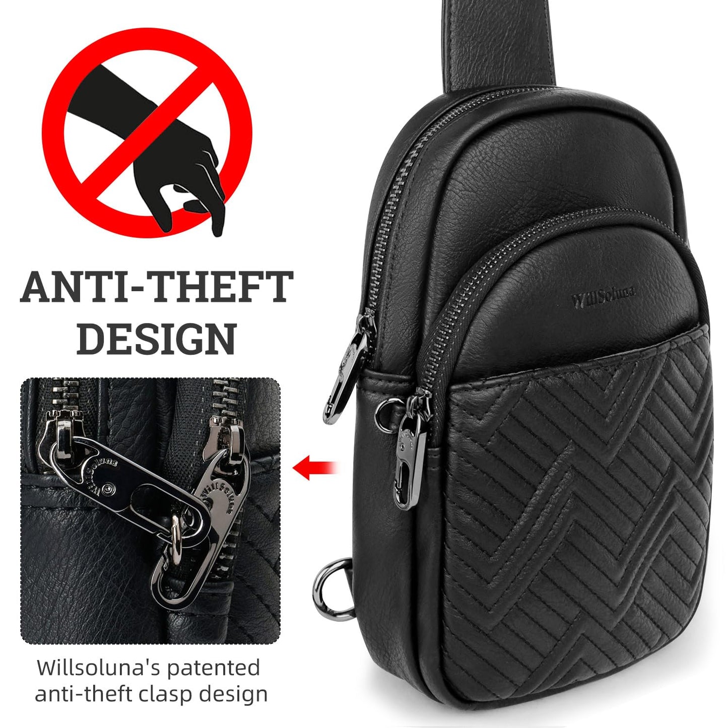 WILLSOLUNA Leather Crossbody Bags for Women Small Sling Bag Anti Theft RFID Chest Purse Fanny Pack for Travel (Black)
