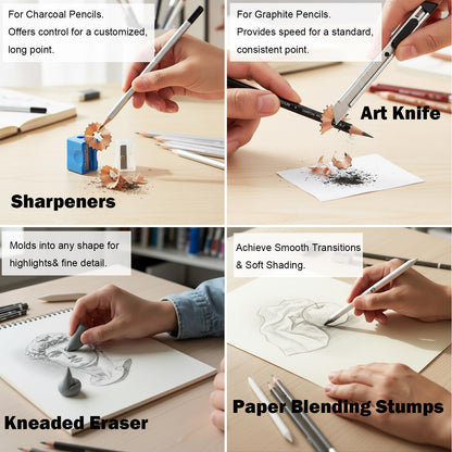 Ouksma Drawing Sketching Pencil Set, 33 PCS Graphite and Charcoal Pencils with Blending Stumps, Erasers, Art Knife & Pencil Extender in Metal Box, Artist Sketching Supplies for Drawing & Shading