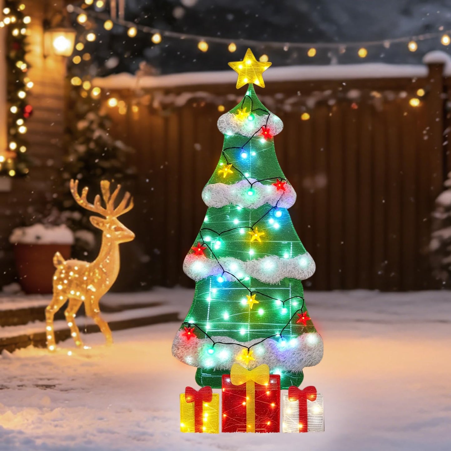3ft 2D Christmas Tree Outdoor Decorations with 100 Twinkling LED Lights, 8 Light Modes, Large Holiday Yard Ornament for Patio, Lawn, Home（Sphere+Star）