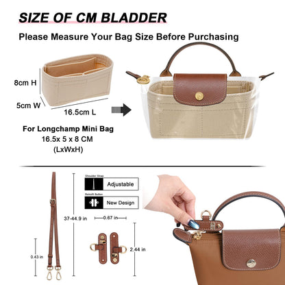 LOUKAYCCI 2 Kit Mini Bag Leather Shoulder Strap and Felt Purse Organizer Insert for Longchamp mini XS Bag Punch-Free Adjustable Buckle Design（Beige & Strap）