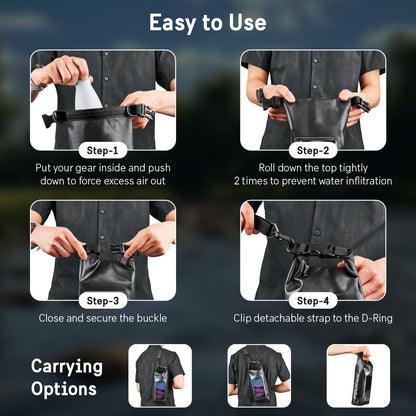 Pelican Marine IP68 Waterproof Dry Bag 2L - Roll Top Waterproof Backpack w/ Phone Case / Pouch - Boating & Kayak Accessories - Essentials for Camping Swimming Beach Fishing Rafting Travel - Black