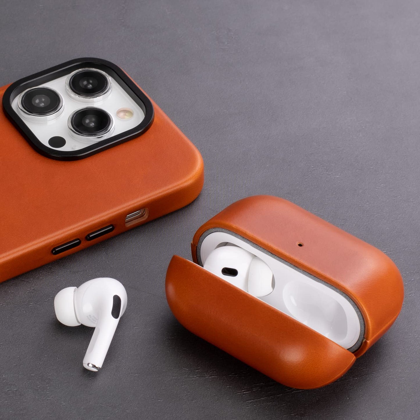 Maogoam for AirPods Pro 2 Leather Case Cover with Button, Genuine Crystal Vegetable Tanned Oil Wax Leather Case for AirPods Pro 2nd Generation, Elegant Style, Front LED Visible, Orange