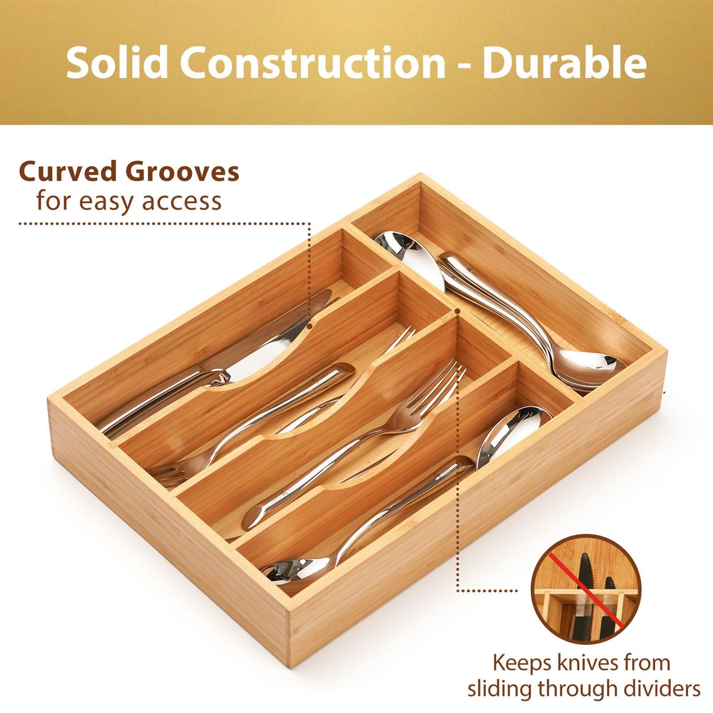 Umilife Bamboo Kitchen Drawer Organizer, 8.25 Inch Silverware Utensils Tray Holder for Small Drawer, Wood Caddy for Flatware Cutlery Knives