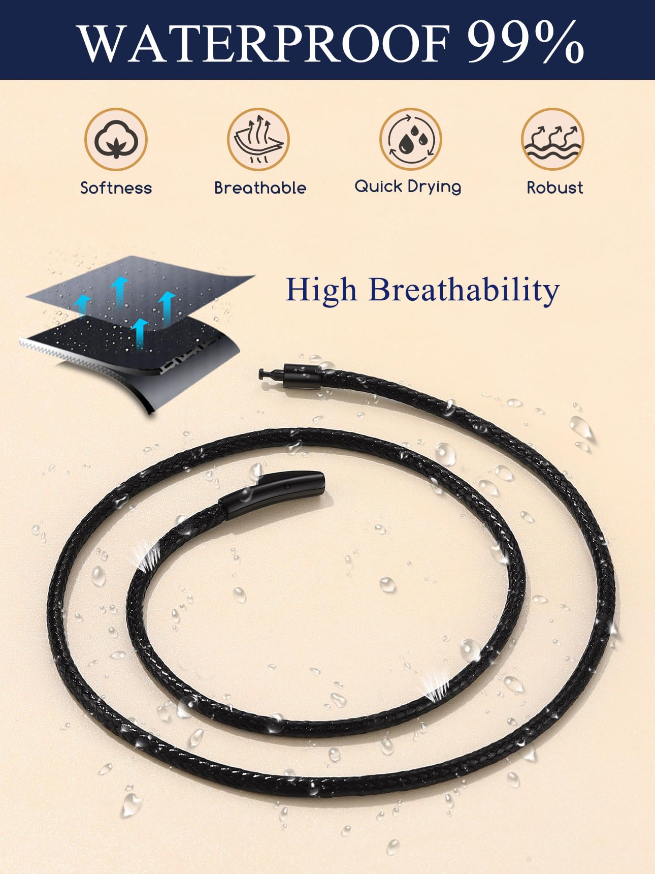 Waterproof Braided Choker Cord, Black Leather Chain With Stainless Steel Snap Clasp - Unisex Necklace, 18 inch