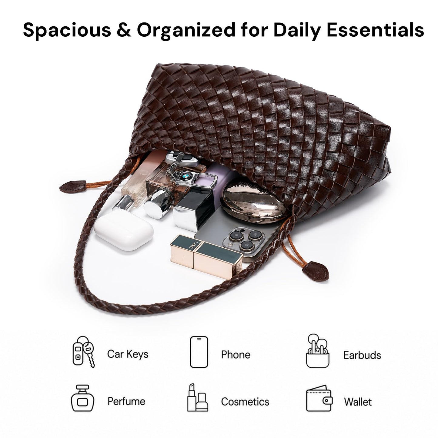 YDF Small Woven Purse for Women, Vegan Leather Shoulder Bag, Slouchy Tote Bag with Inner Drawstring Pouch, Underarm Handbag- Dark Brown