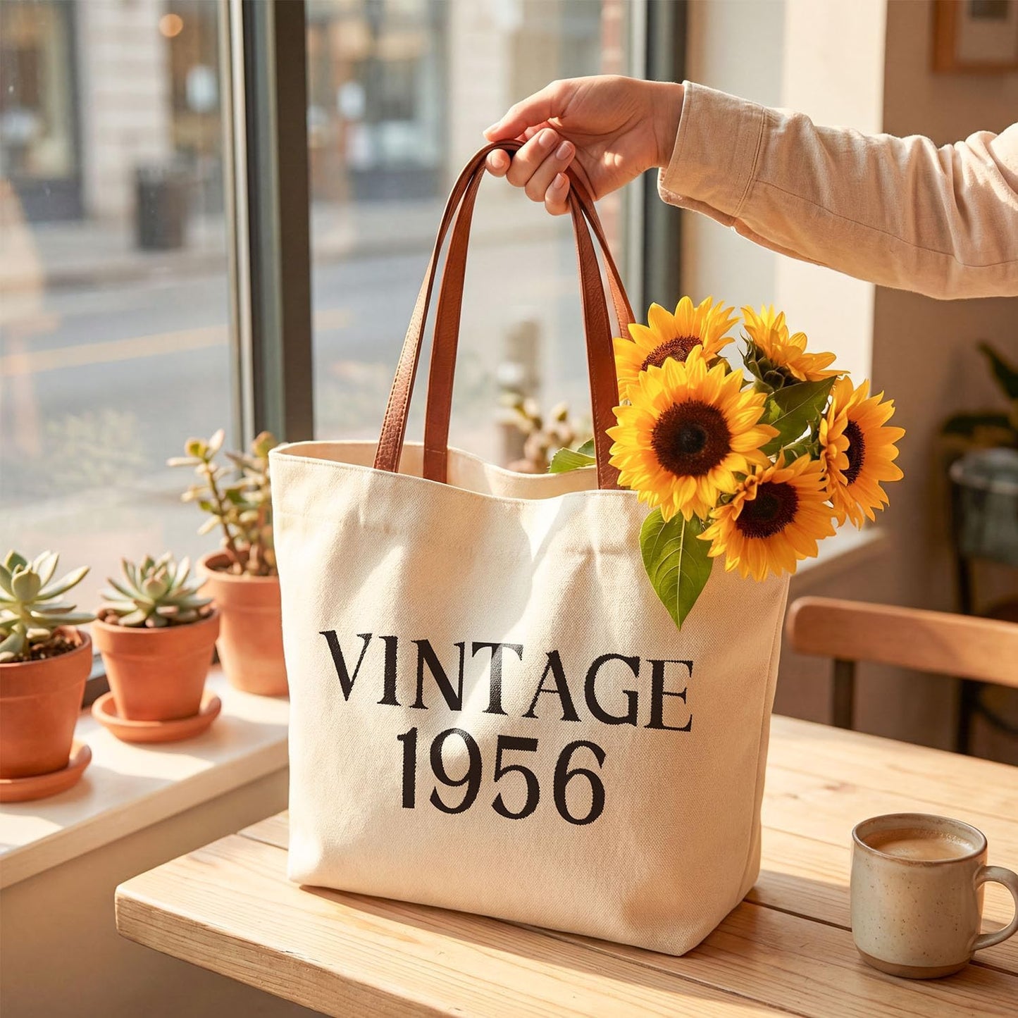 Vintage 1956 Gifts for Women, 70th Birthday Gift Set, Canvas Tote Bag with Leather Handles, Makeup Pouch & Back in 1956 Card, Gift for Her Turning 70