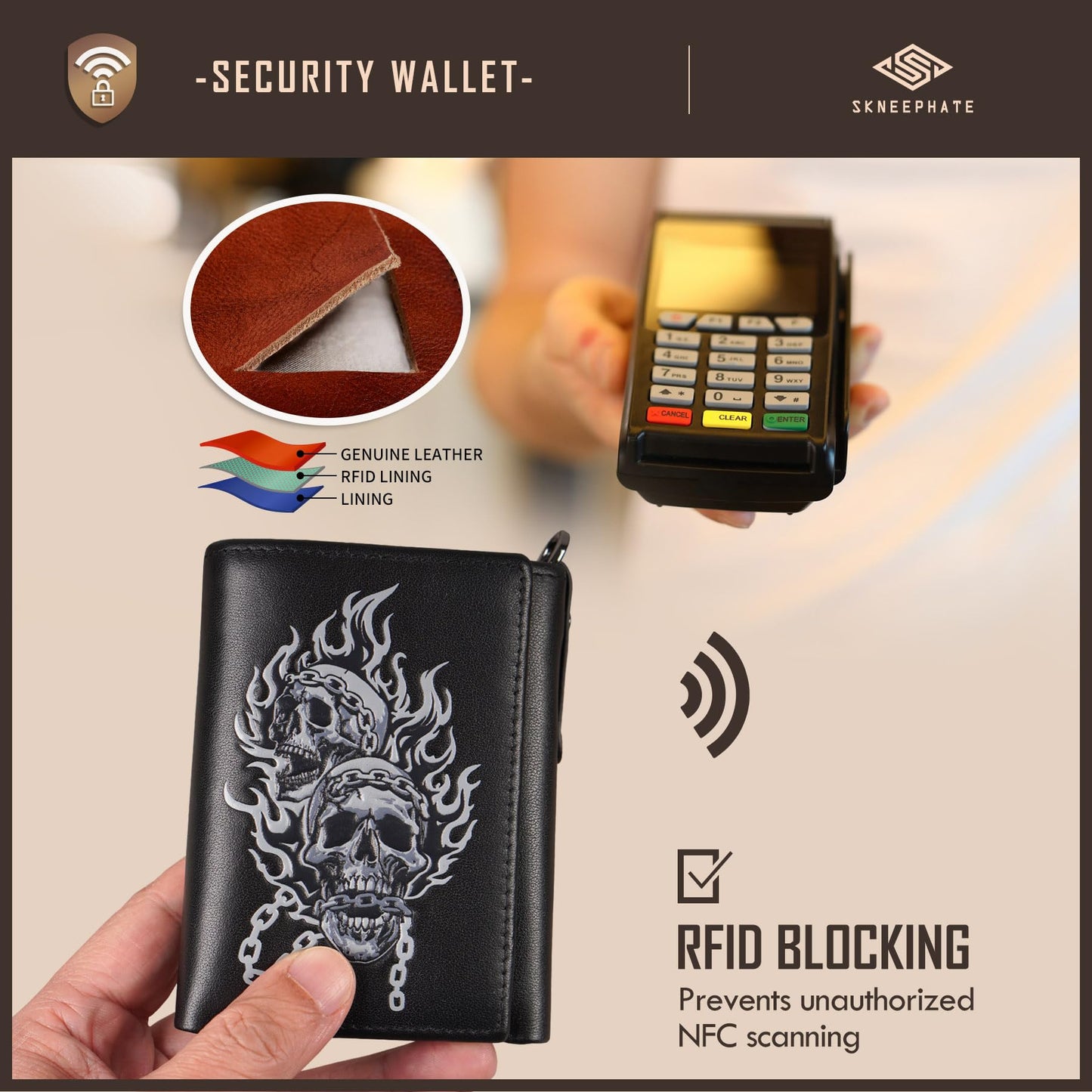 skneephate Men's Wallet With Chain Skull Trifold Wallets For Men, Soft Leather Wallet Chains Rfid Blocking Cool Mens Gift Idea (1-black)