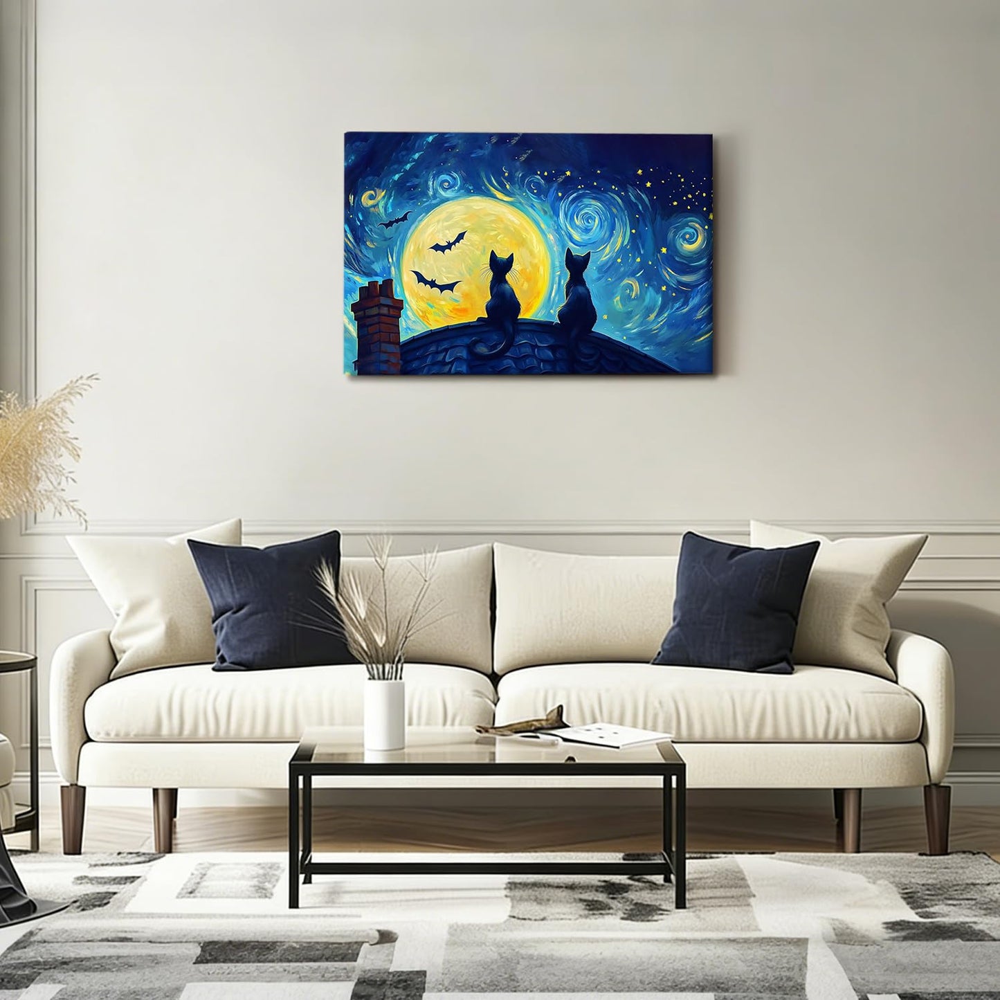 EEYNAQQ Starry Night Black Cat Wall Art, Van Gogh Style Halloween Canvas Painting, Moon Bat Rooftop Cat Wall Decor for Living Room Bedroom Children's Room, 12x16 Inches Ready to Hang