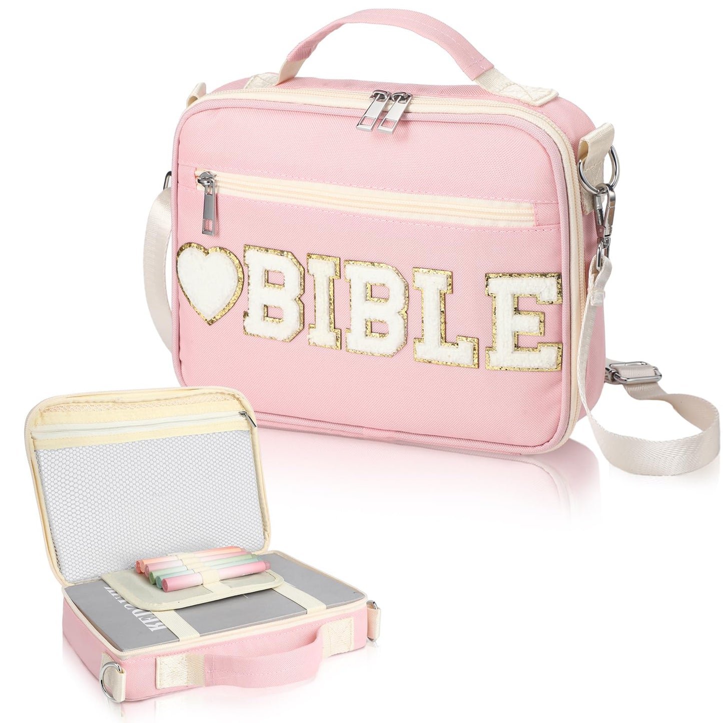 Silkfly Pink Bible Cover Case for Women Preppy Large Chenille Letter Church Bag with Shoulder Strap and Handle Waterproof Christian Tote Bag for Bible Study Accessories Christian Easter Gifts