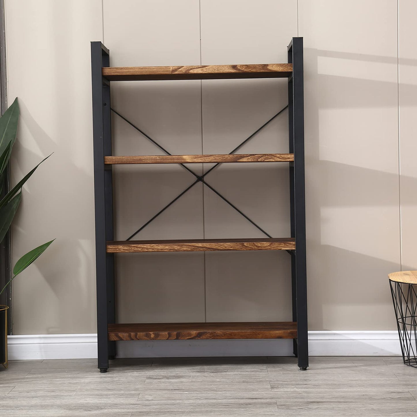 WH-AOERPUMY Solid Wood Bookshelf,4 Tier Rustic Vintage Industrial Etagere Bookcase, Open Metal and Wood Vintage Book Shelf, Retro Brown (RealWood)(4-Tier)