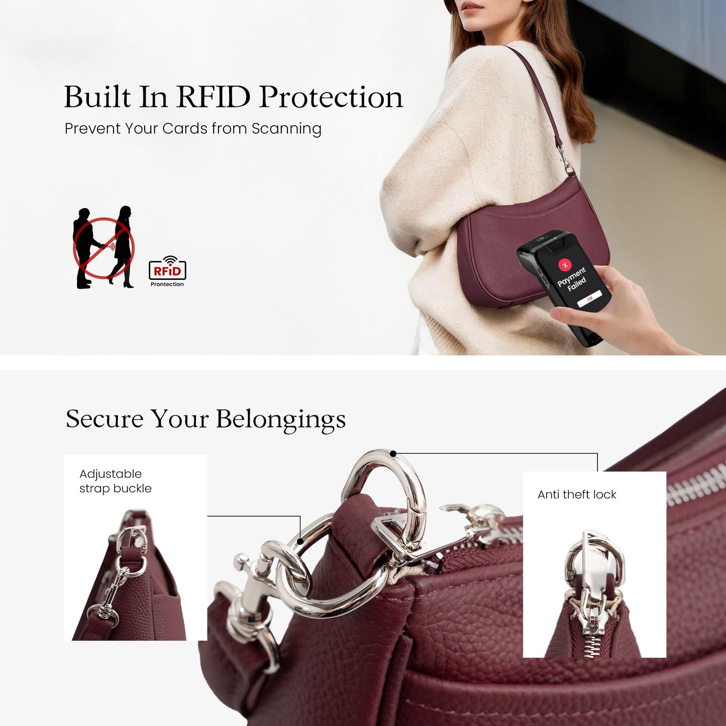 befen Genuine Leather Handbags for Women Travel Purses Anti Theft Crossbody Bag Burgundy Purses with RFID Blocking Soft Real Leather Hobo Bag Designer Trendy Womens Handbag Shoulder with 2 Straps
