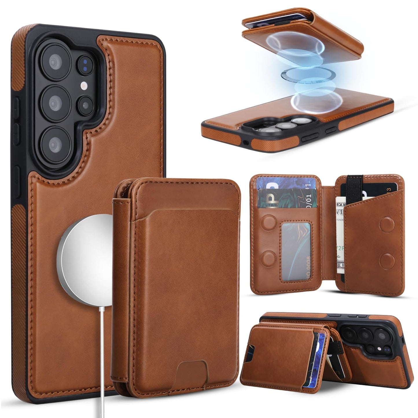 ASAPDOS Magnetic Detachable Wallet Case for Samsung Galaxy S26 Ultra with Kickstand,2-in-1 MagSafe Compatible RFID Blocking Card Holder,Slim PU Leather Cover Brown