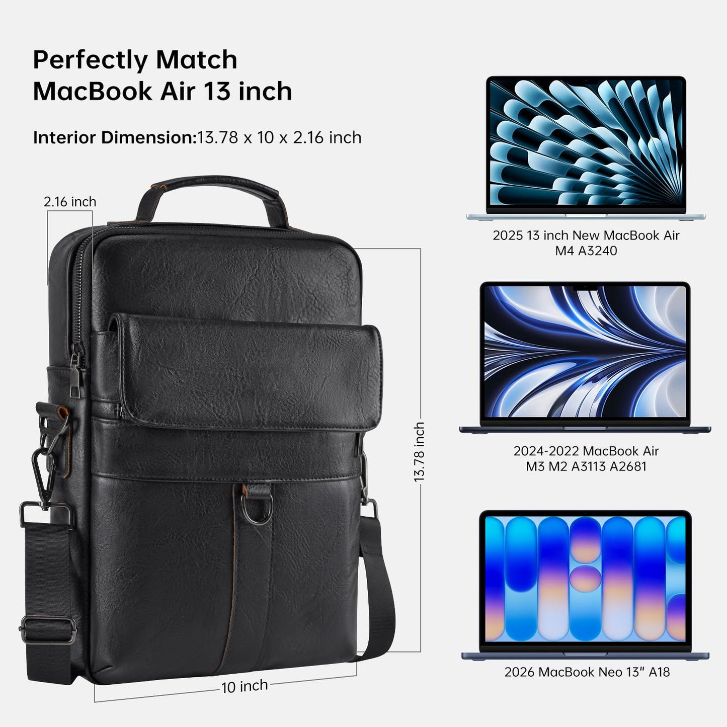 13 Inch Laptop Leather Sleeve for 2026-2022 MacBook Air 13 M5 M4 M3 M2 A3449 A3240 A3113 A2681, 13" MacBook Neo A18, Protective Carrying Bag Shoulder Travel Case with Pockets, Black