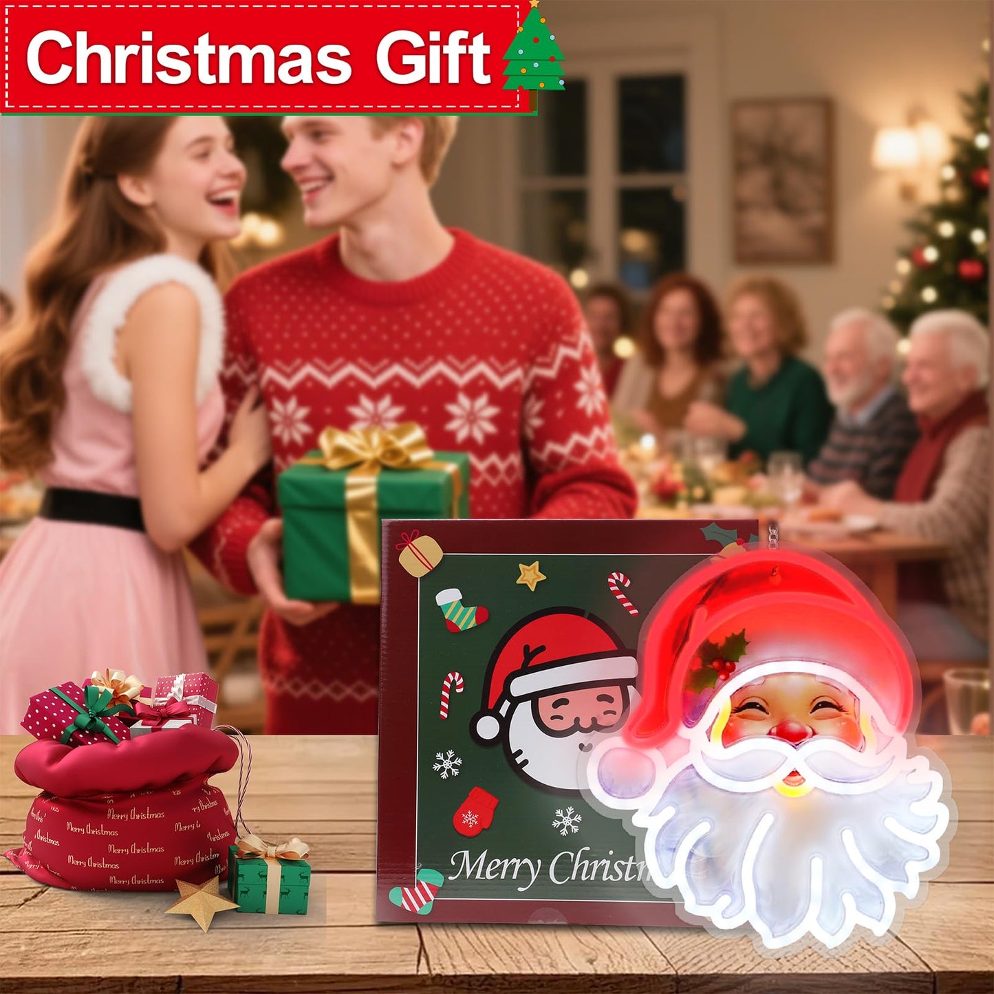 Christmas Window Decorations Lights, LED Santa Claus Acrylic Neon Signs, Cute Room Decor Powered 5V Art Decorative Night Lights Indoor for Christmas Tree, Home, Bedroom, Office,Dorm,Party
