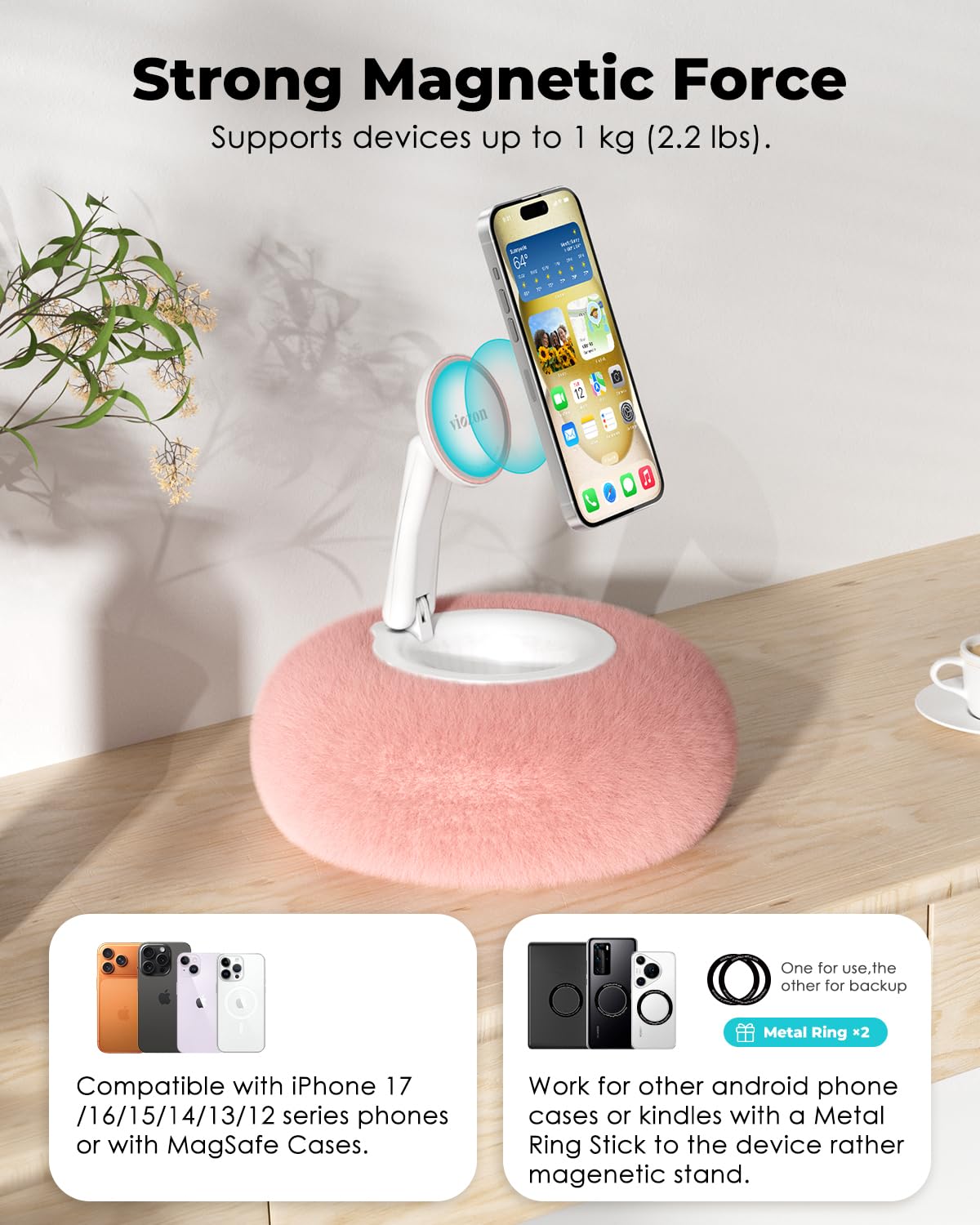 Viozon Phone Holder for Bed, Magnetic Pillow Stand, Compatible with 4-7" Phone/Kindle with Small Storage, Removable Suction Base for Stability, Idea for Kindle Reading and Video Watching On Bed,Pink