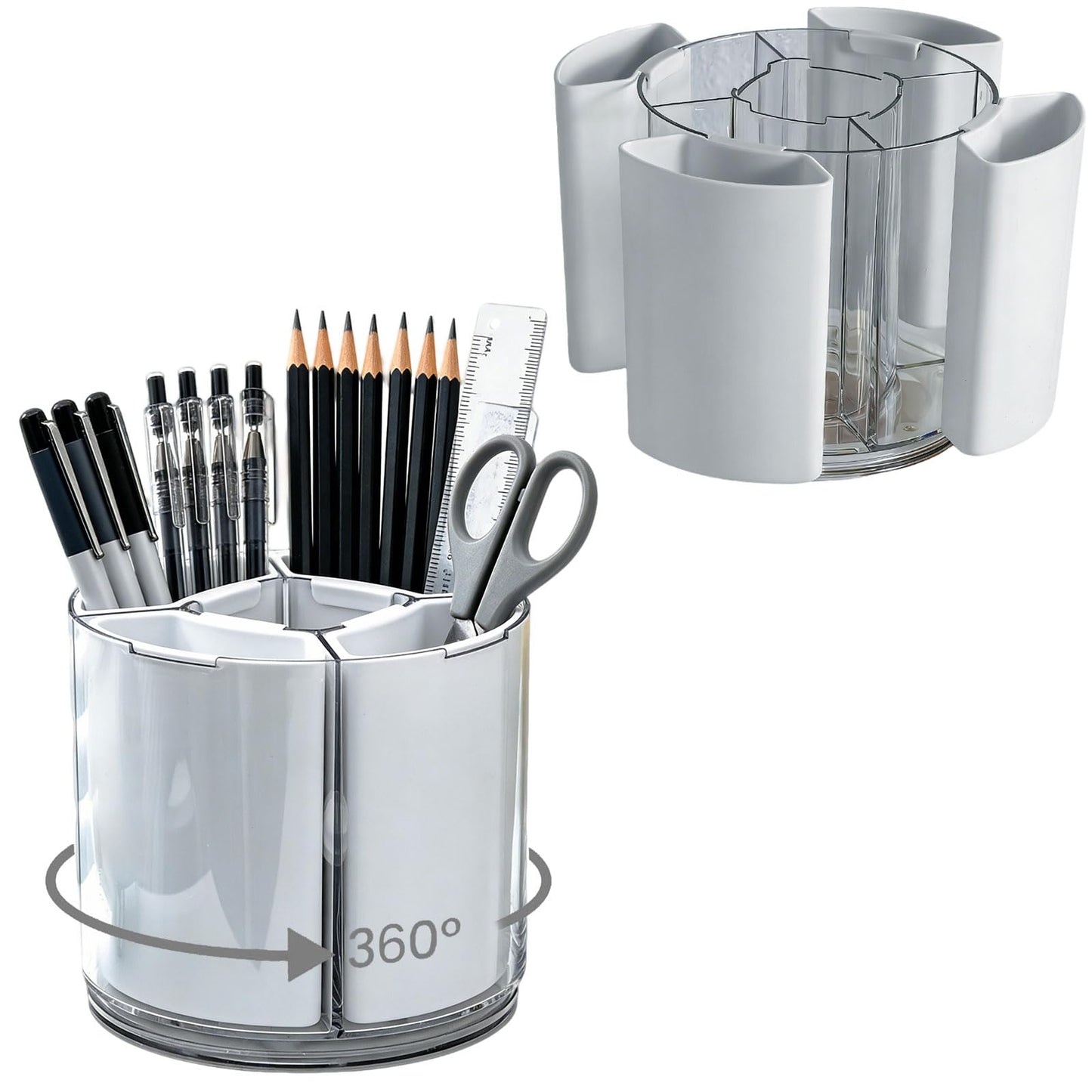 Hikiwin 360 Rotating Plastic Desk Pen Organizer, Rotating Detachable Desk Organizer, Multi Compartment Pen Holder, 5 Slots Unique Make Up Brushes Cup for Cosmetics, Art Supply, White, 1 Piece